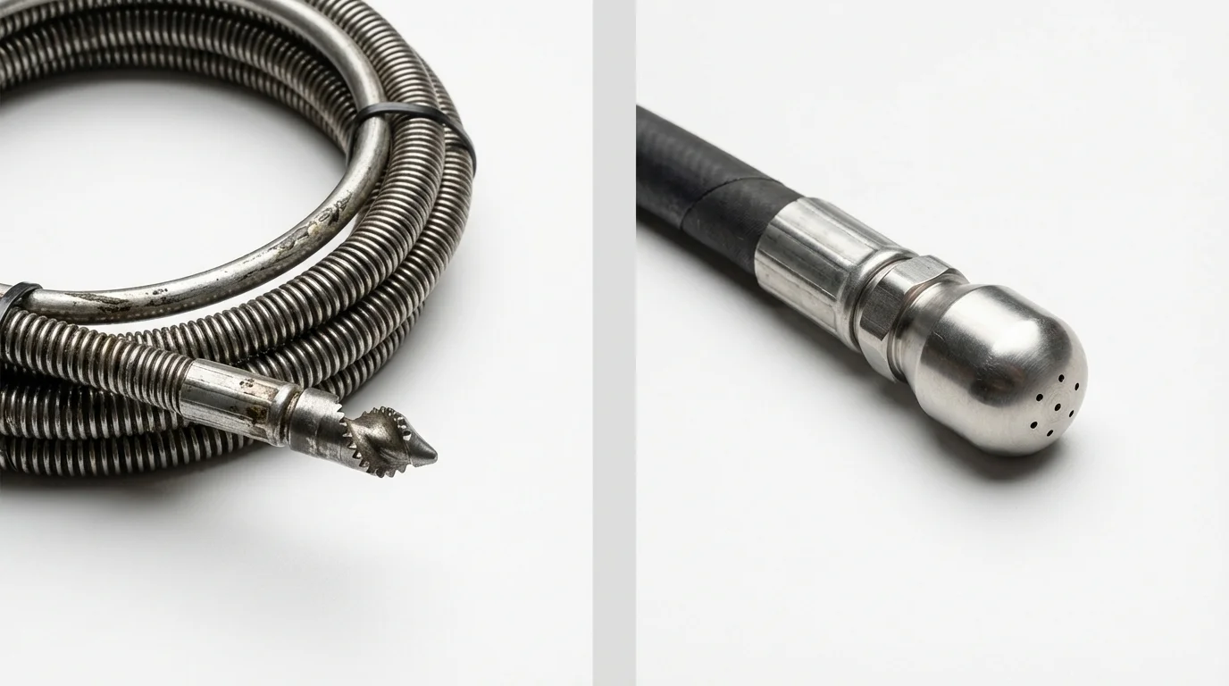 Drain snake cable and hydro jetting nozzle used for drain cleaning in Folsom, CA