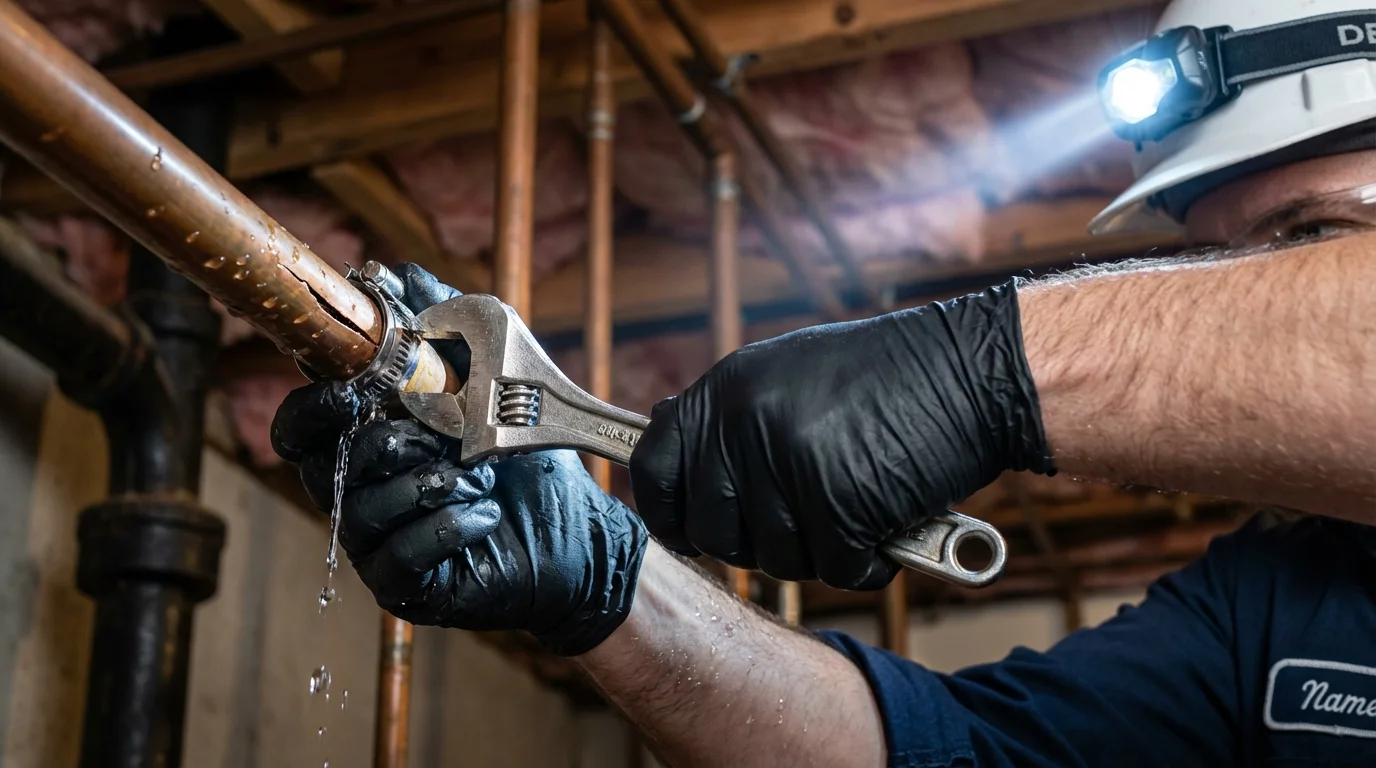 Emergency pipe clamp repair being performed by a Johns Plumbing LLC plumber in Folsom
