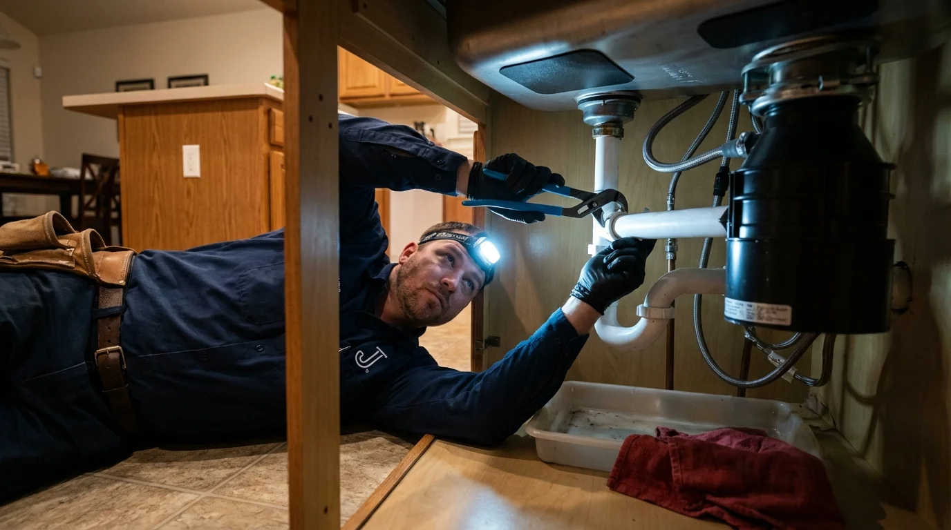 P-trap and supply line connections under a kitchen sink showing a common leak point in Folsom, CA